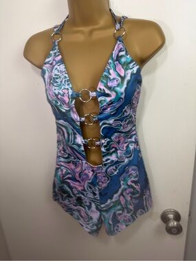 Club Exx X Dolls Kill Blue Pink Marble Techno Angel Psychedelic Romper NWT Sz S